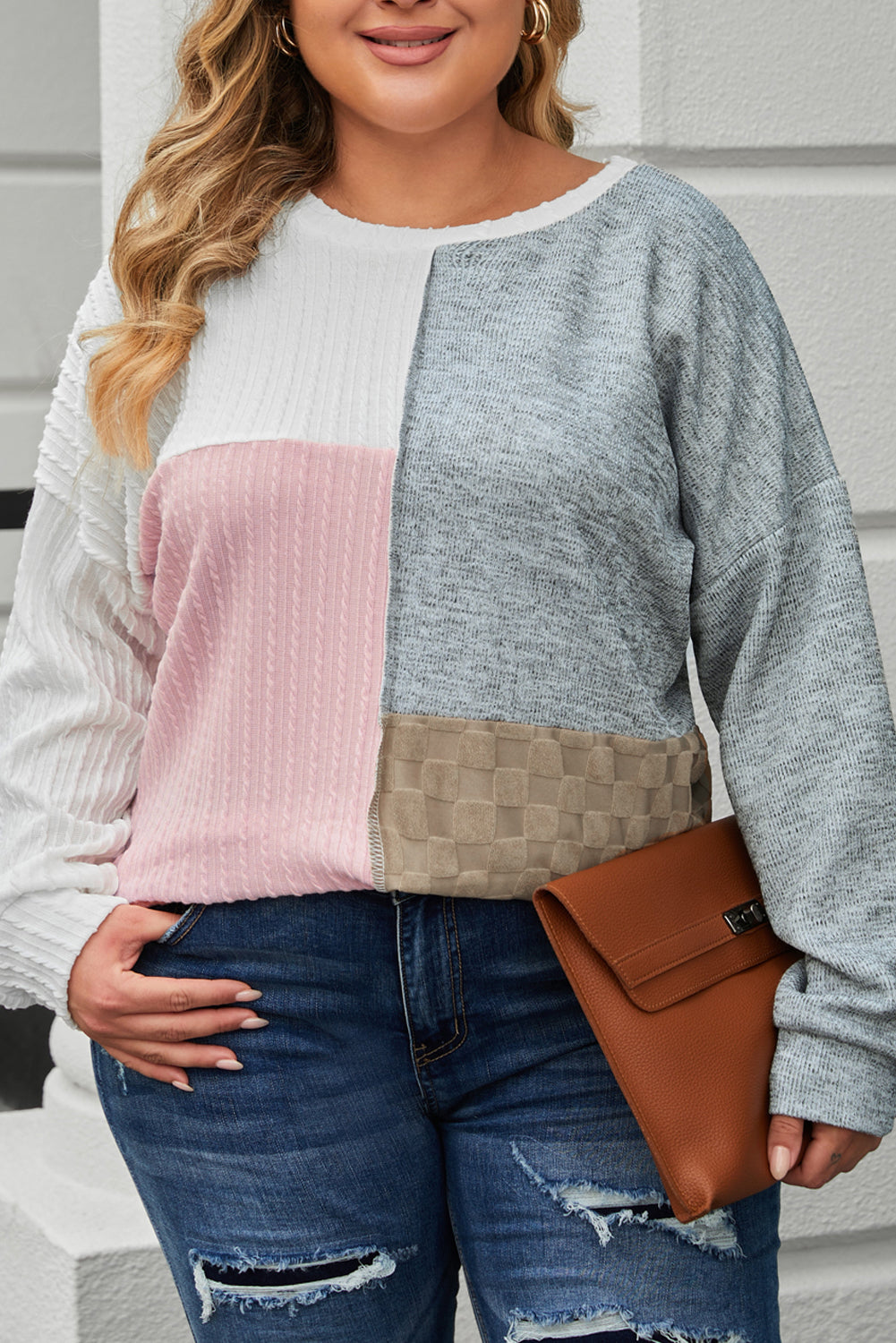 Cable Knit Colorblock Long Sleeve Plus Size Top