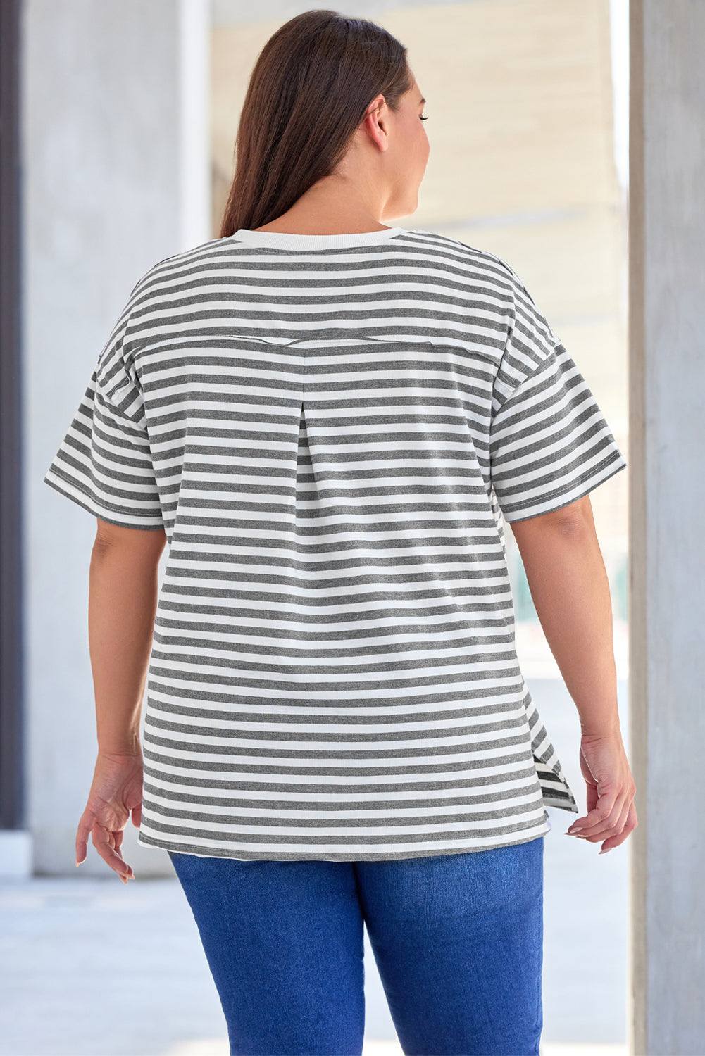 Plus Size Striped Short Sleeve Henley Tee