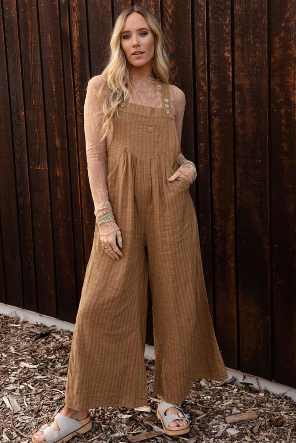 Brown Striped Pleated Wide Leg Pocketed Jumpsuit