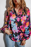 Green Graffiti Printed V Neck Puff Sleeve Blouse