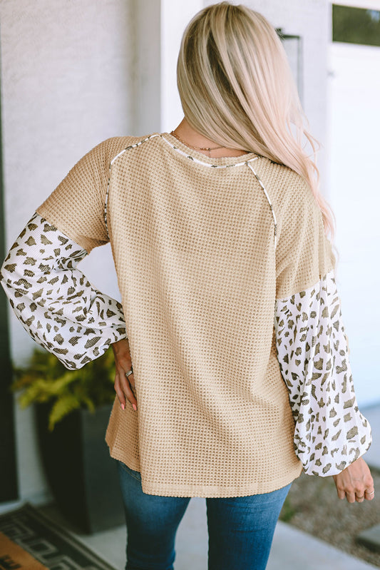 Leopard Print Patchwork Lantern Sleeve Waffle Knit Top