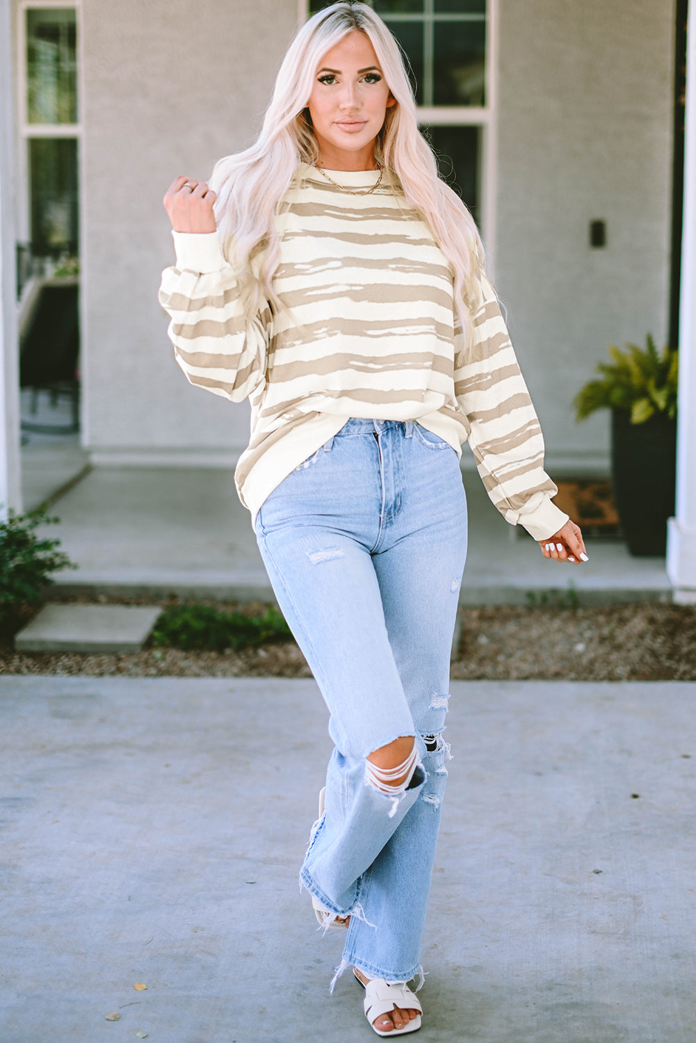 Khaki Oversized Striped Bishop Sleeve Pullover Sweatshirt