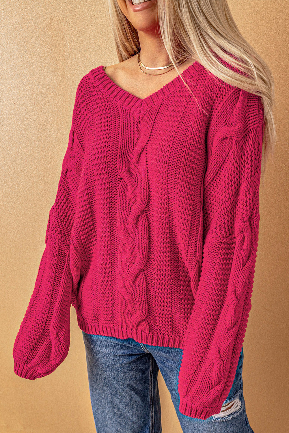 Bubblegum V-Neck Braided Knit Sweater