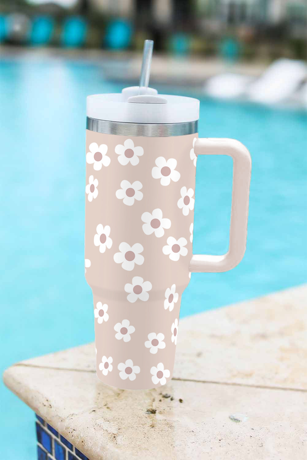 Floret Print Stainless Tumbler With Lid And Straw