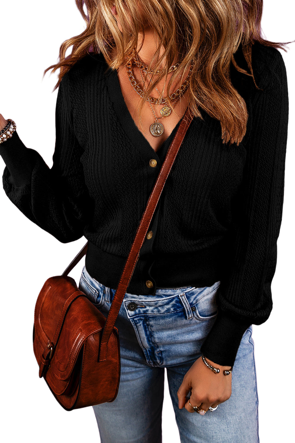 Chestnut V Neck Buttoned Textured Sweater Cardigan