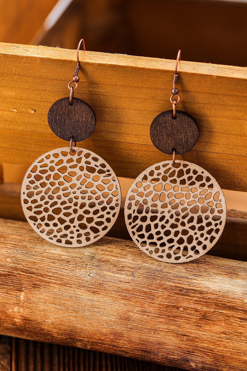 Hollow Out Wooden Round Drop Earrings