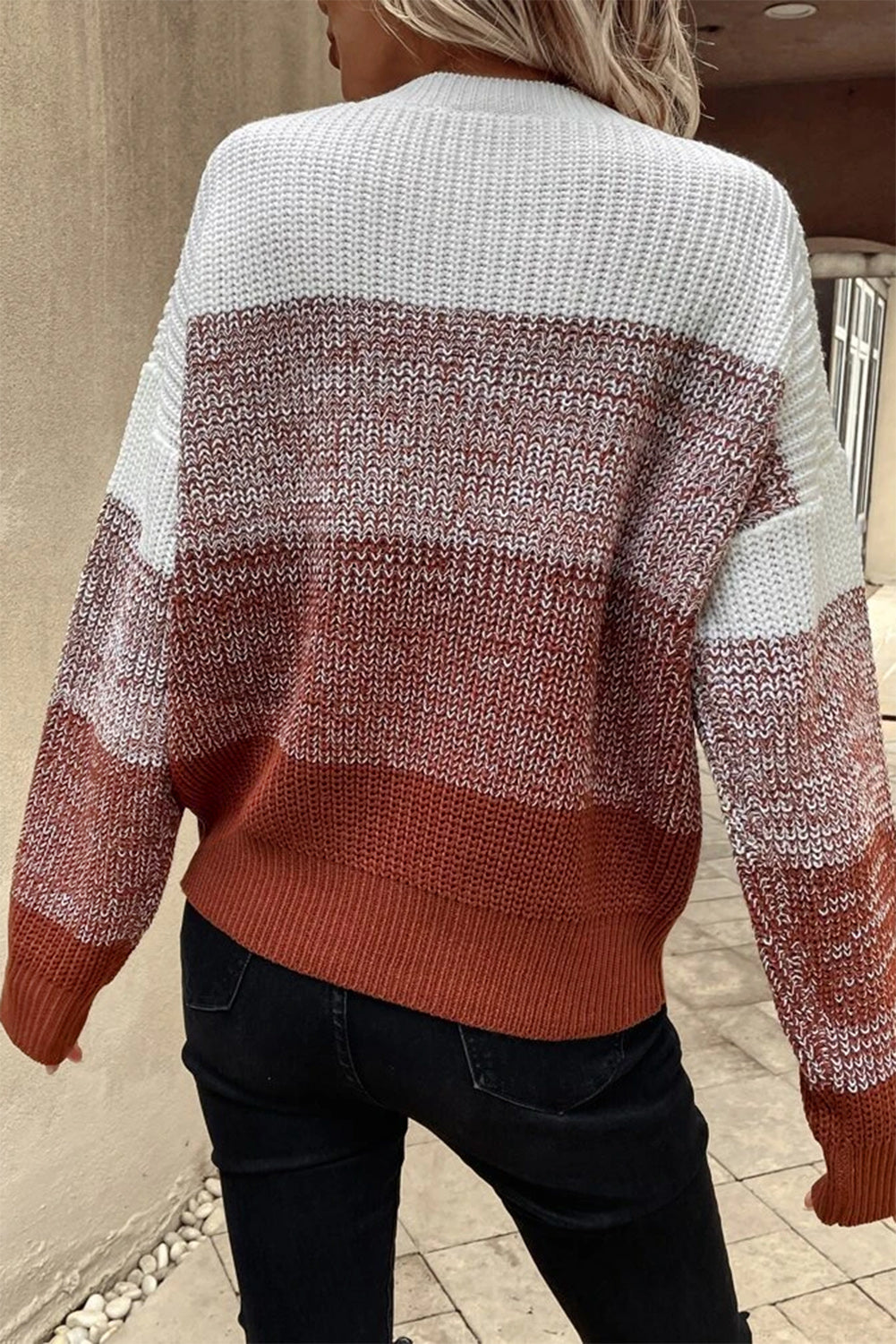 Brown Color Block Drop Shoulder Ribbed Trim Sweater