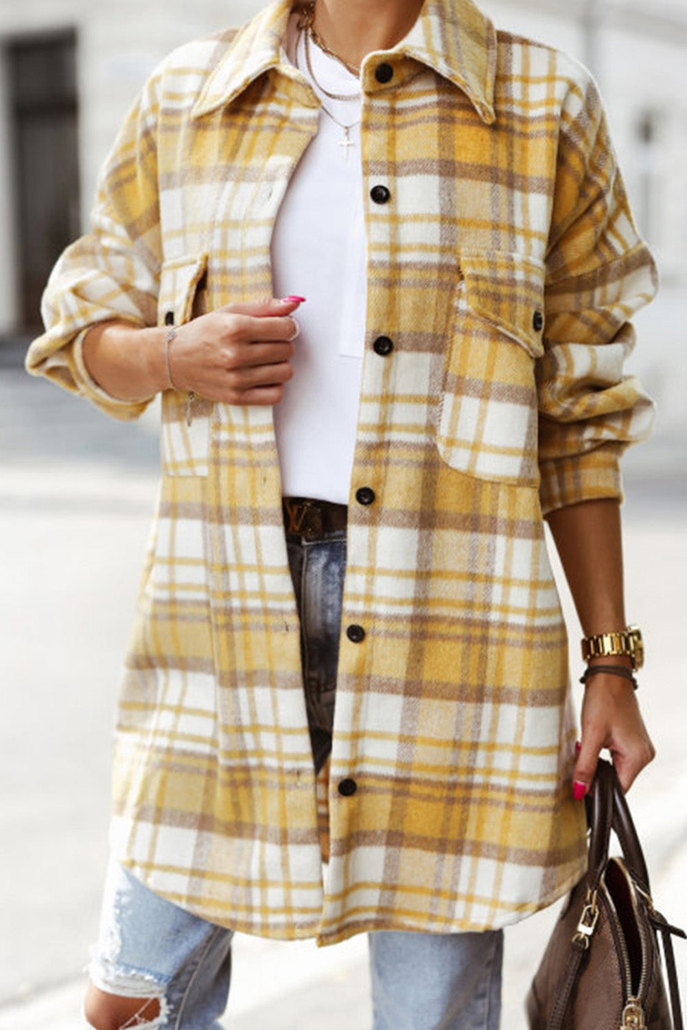 Yellow Plaid Flap Pocket Long Sleeve Shacket