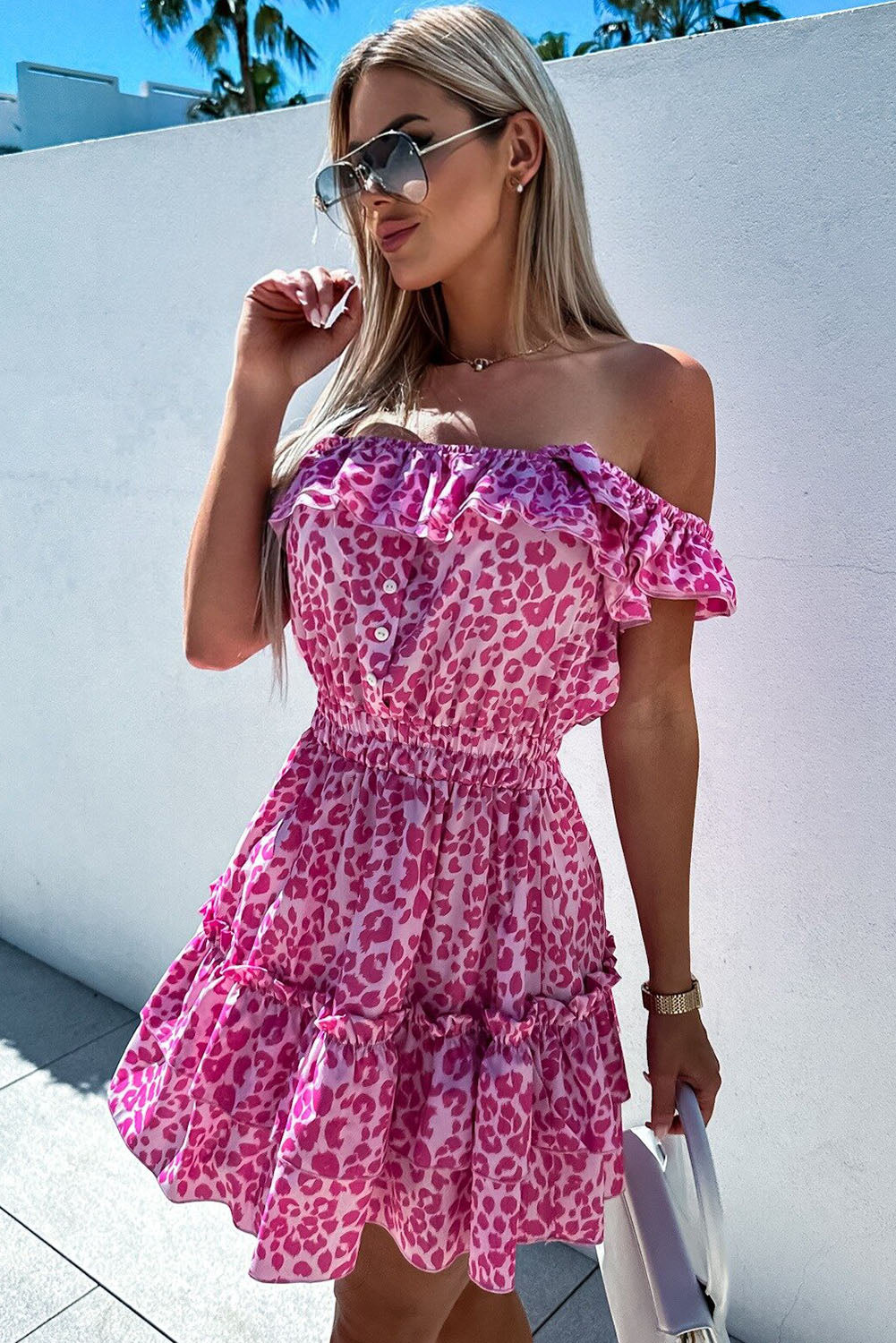 Leopard Off Shoulder Buttoned Ruffled Mini Dress