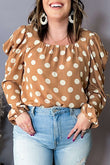 Plus Size Polka Dot Ruched Neckline Puff Sleeve Blouse