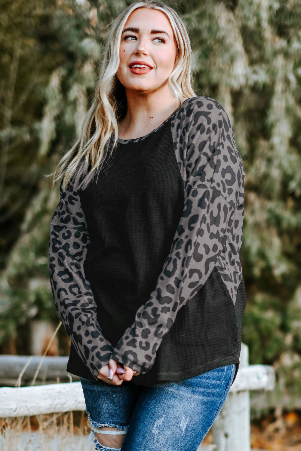 Leopard Raglan Sleeve Waffle Knit Plus Size Top