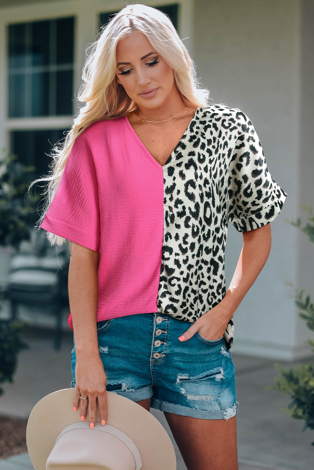 Leopard Color Block Roll Tab Sleeve V Neck Top