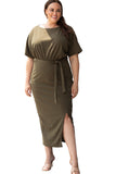 Belted High Waist Side Slit Plus Size Maxi Dress