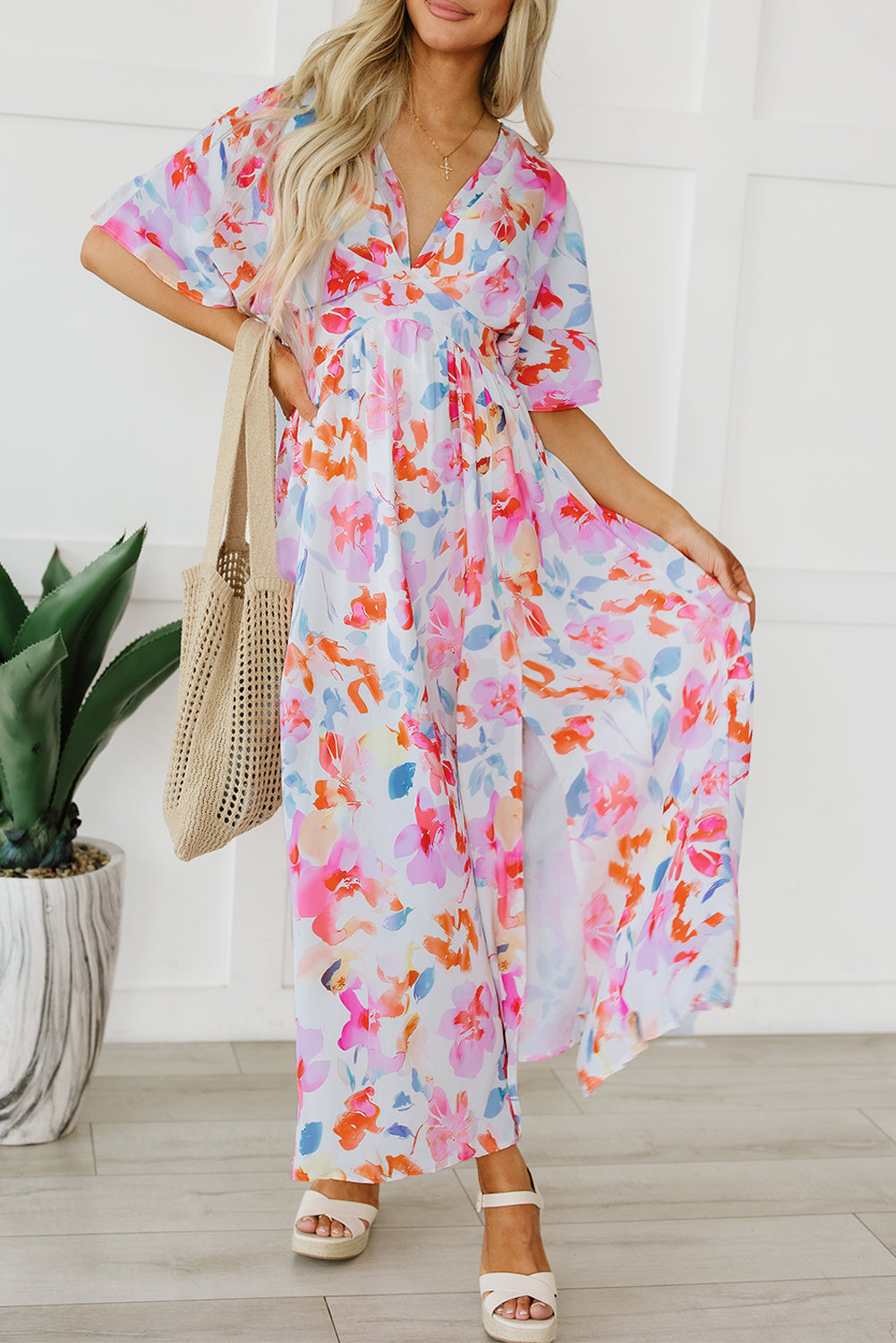 Tropical Floral Print Ruched V Neck Maxi Dress