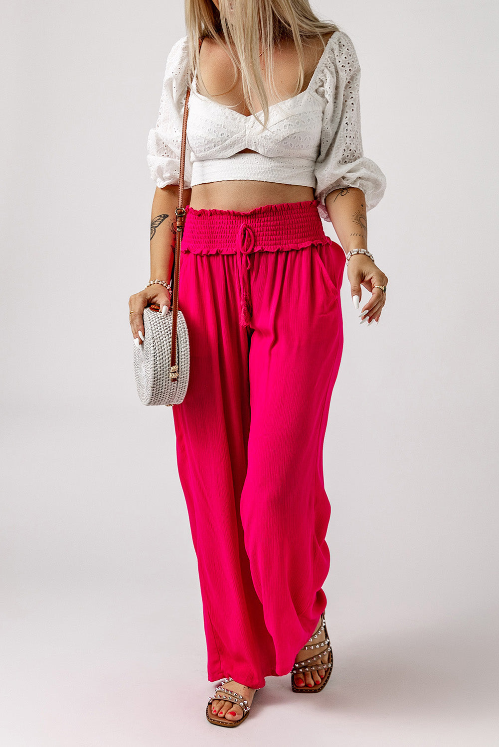 Smocked Elastic Waist Wide Leg Pants