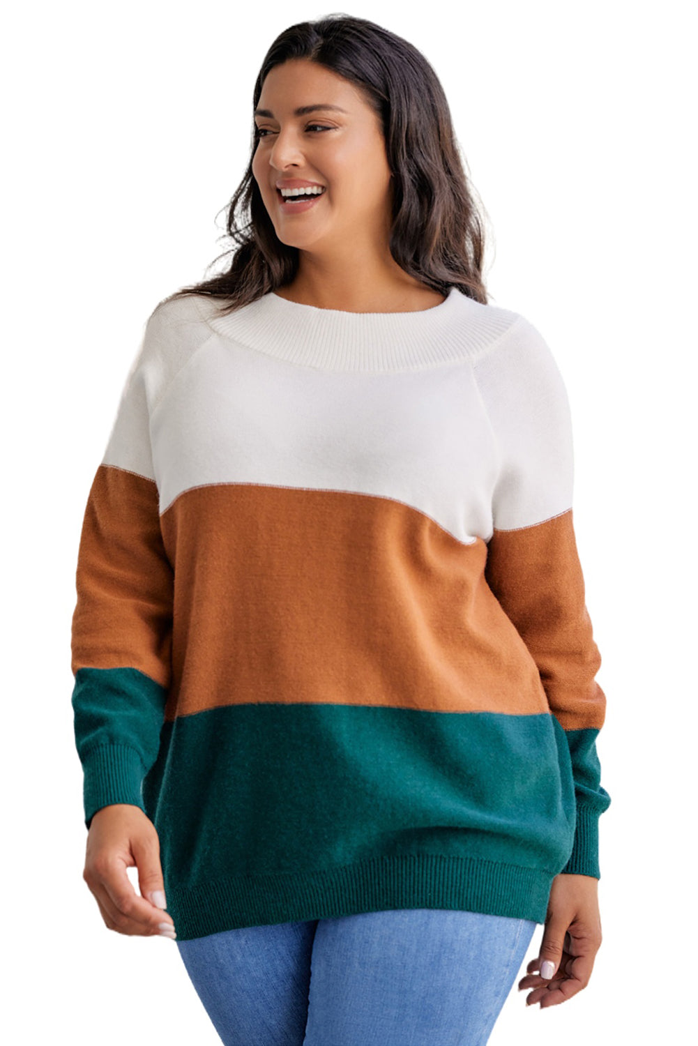 Plus Size Ribbed Trim Color Block Sweater