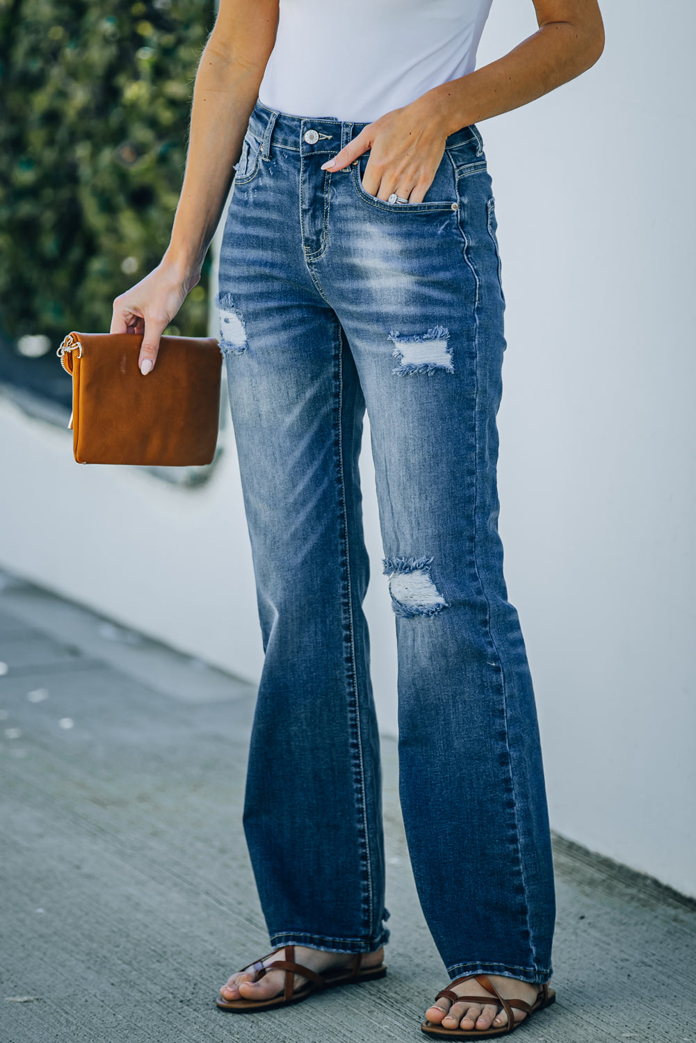 High Rise Washed Distressed Flare Jeans