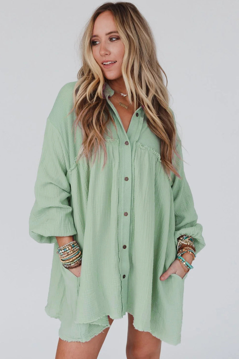 Patchwork Crinkle Puff Sleeve Shirt Dress