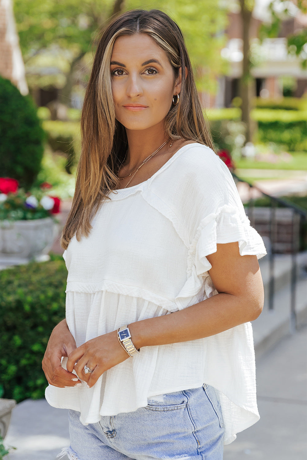 Ruffled Short Sleeves Crinkled Flowy Top