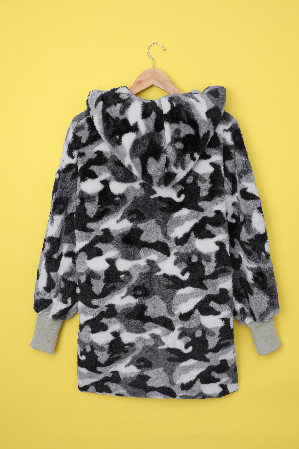 Camo Print Soft Fleece Hooded Open Front Coat