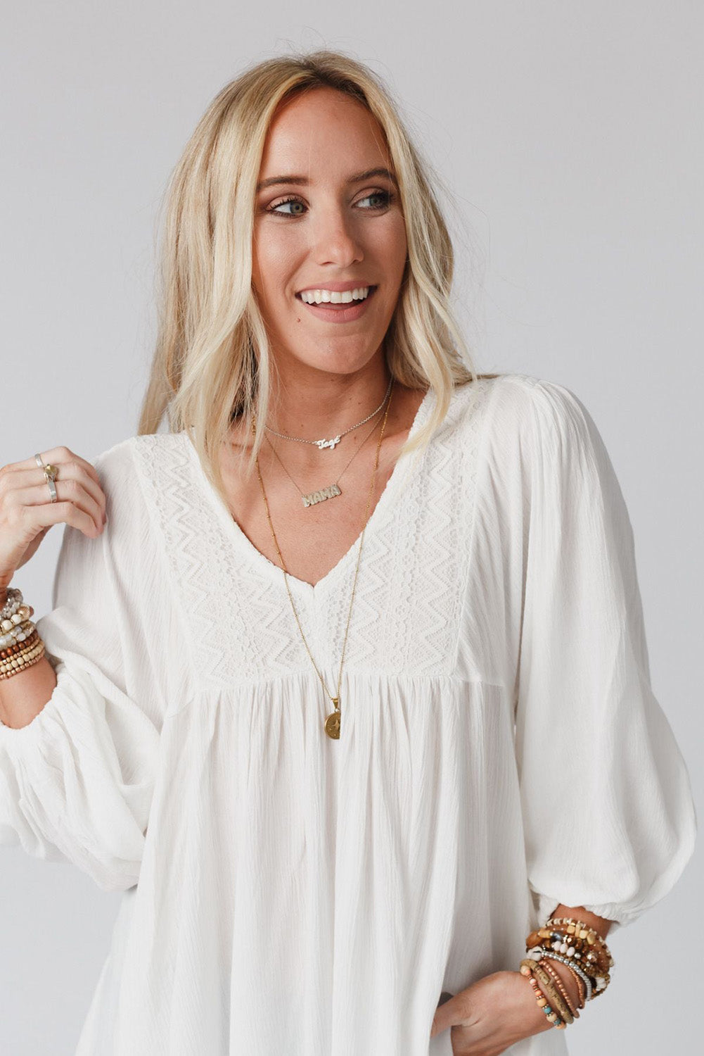 Lace V-Neck Bracelet Sleeve Ruffle Blouse