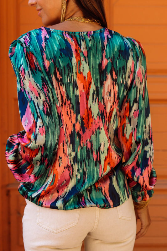 V Neck Abstract Print Long Sleeve Shirt