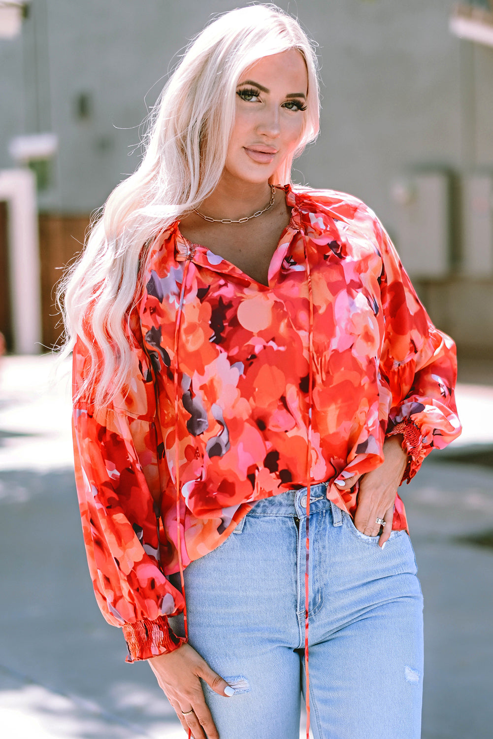 Floral Print Split Neck Tassel Tie Blouse