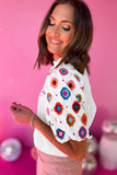 White Embroidered Smocked Neck Puff Sleeve Top