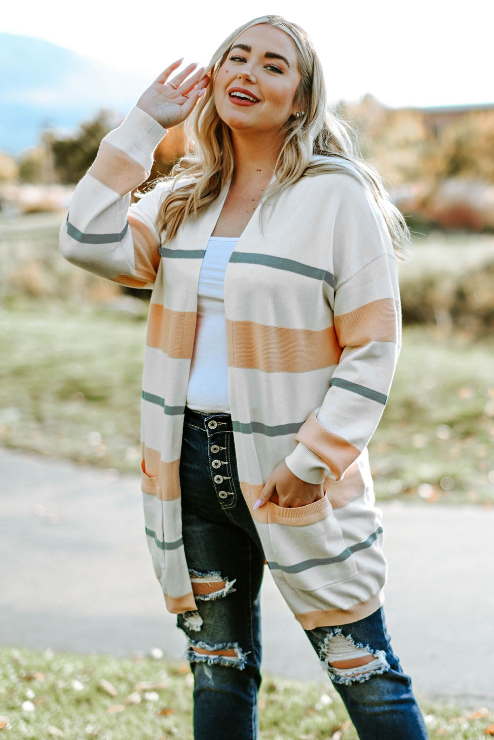 Striped Knit Side Pockets Plus Size Cardigan