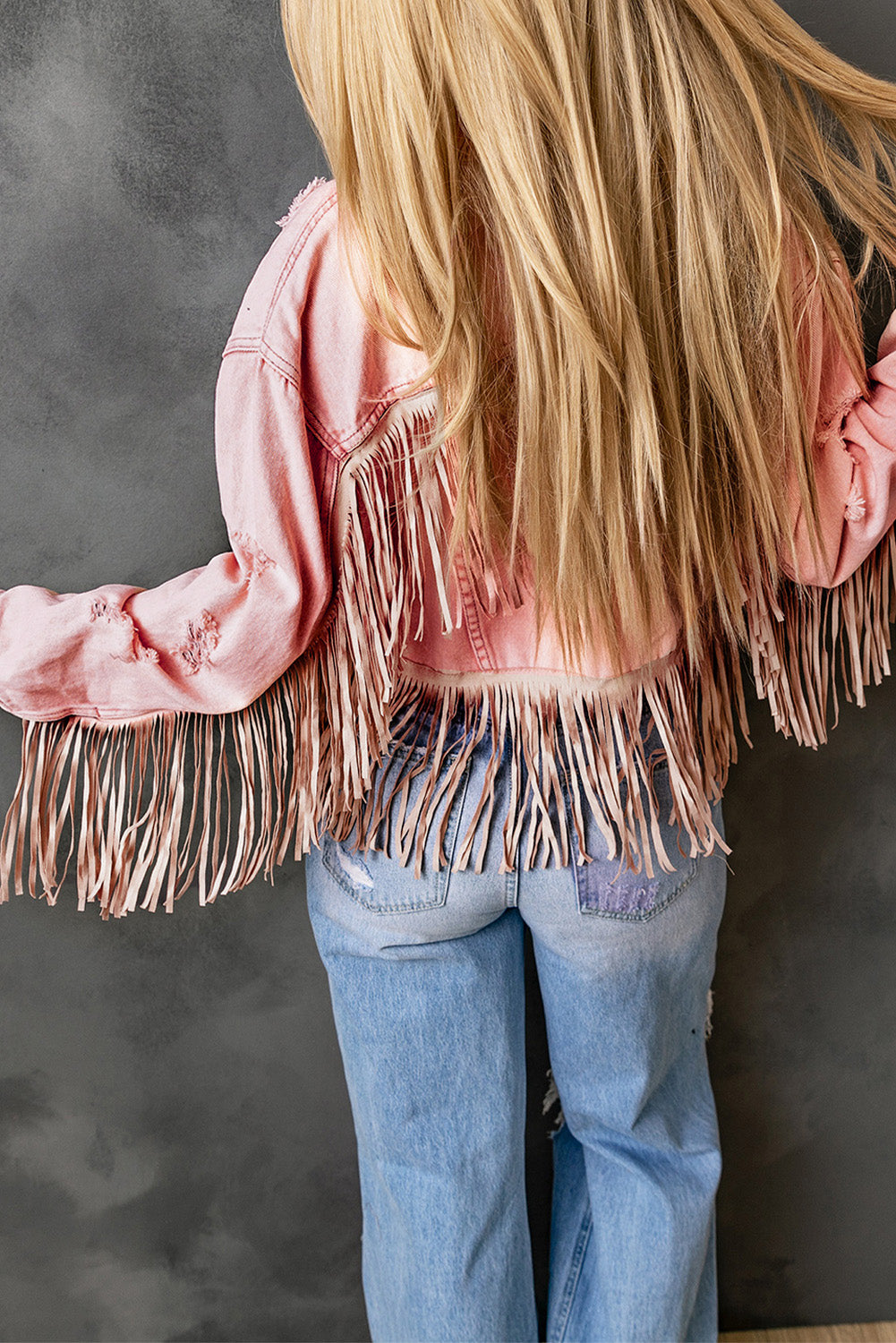 Distressed Fringed Cropped Denim Jacket