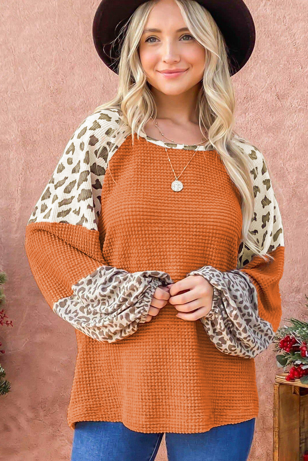 Leopard Colorblock Waffle Knit Top