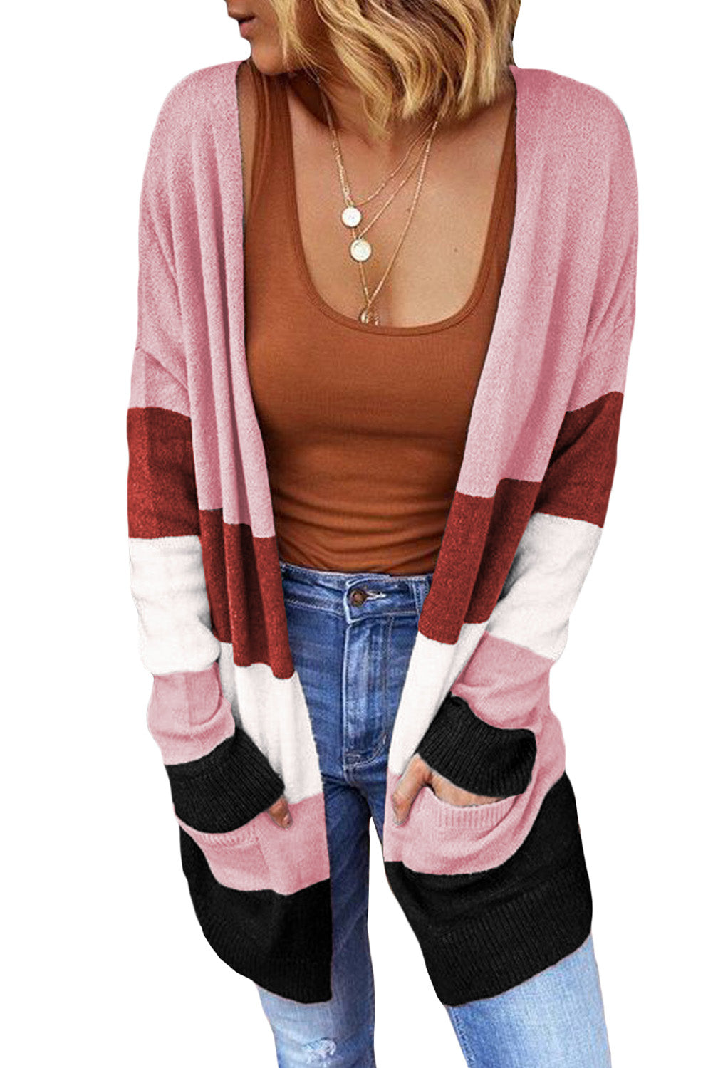 Open Front Colorblock Cardigan with Pockets