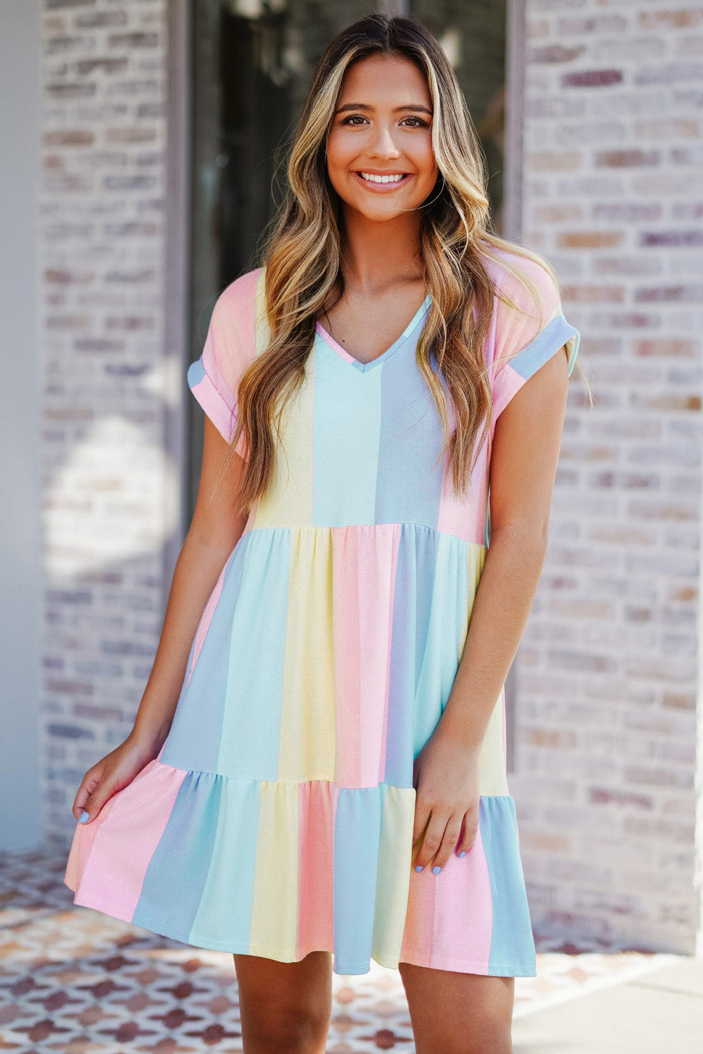 Stripe Color Block Ruffled T-shirt Dress