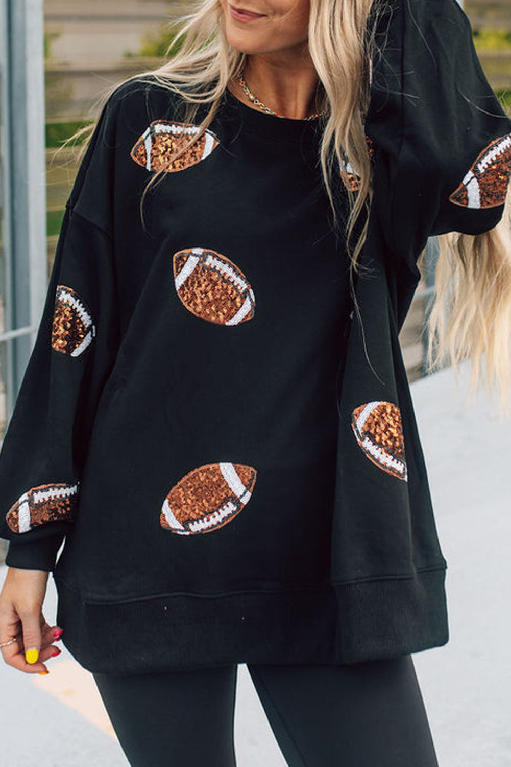 Black Sequined Rugby Graphic Open Back Sweatshirt