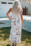 Striped Floral Print Sleeveless Maxi Dress with Pocket