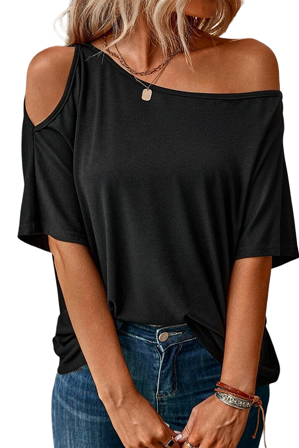 Solid Asymmetrical Neck Loose Casual T-Shirt