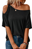 Solid Asymmetrical Neck Loose Casual T-Shirt