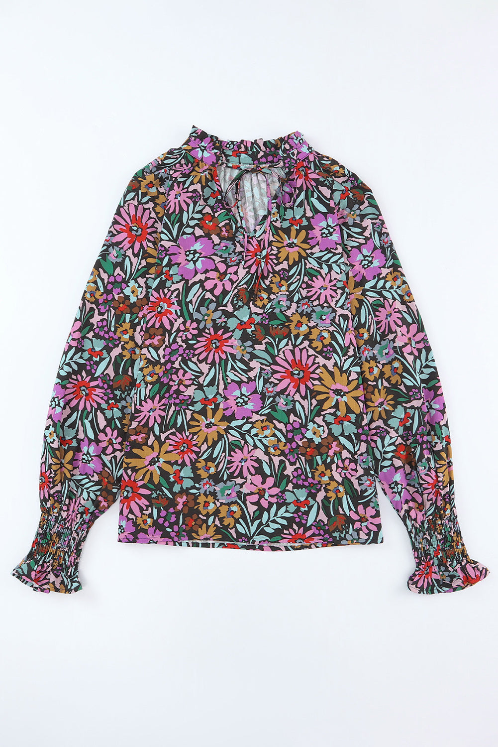 Floral Print Ruffled Long Sleeve V-Neck Blouse