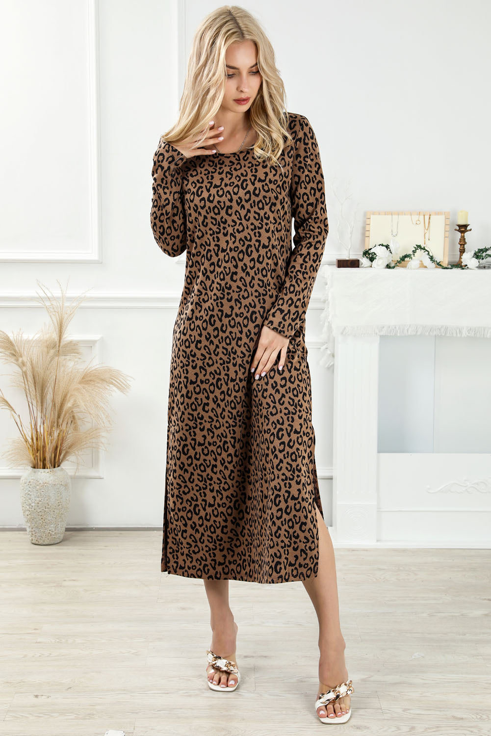 Round Neck Long Sleeve Split Dress