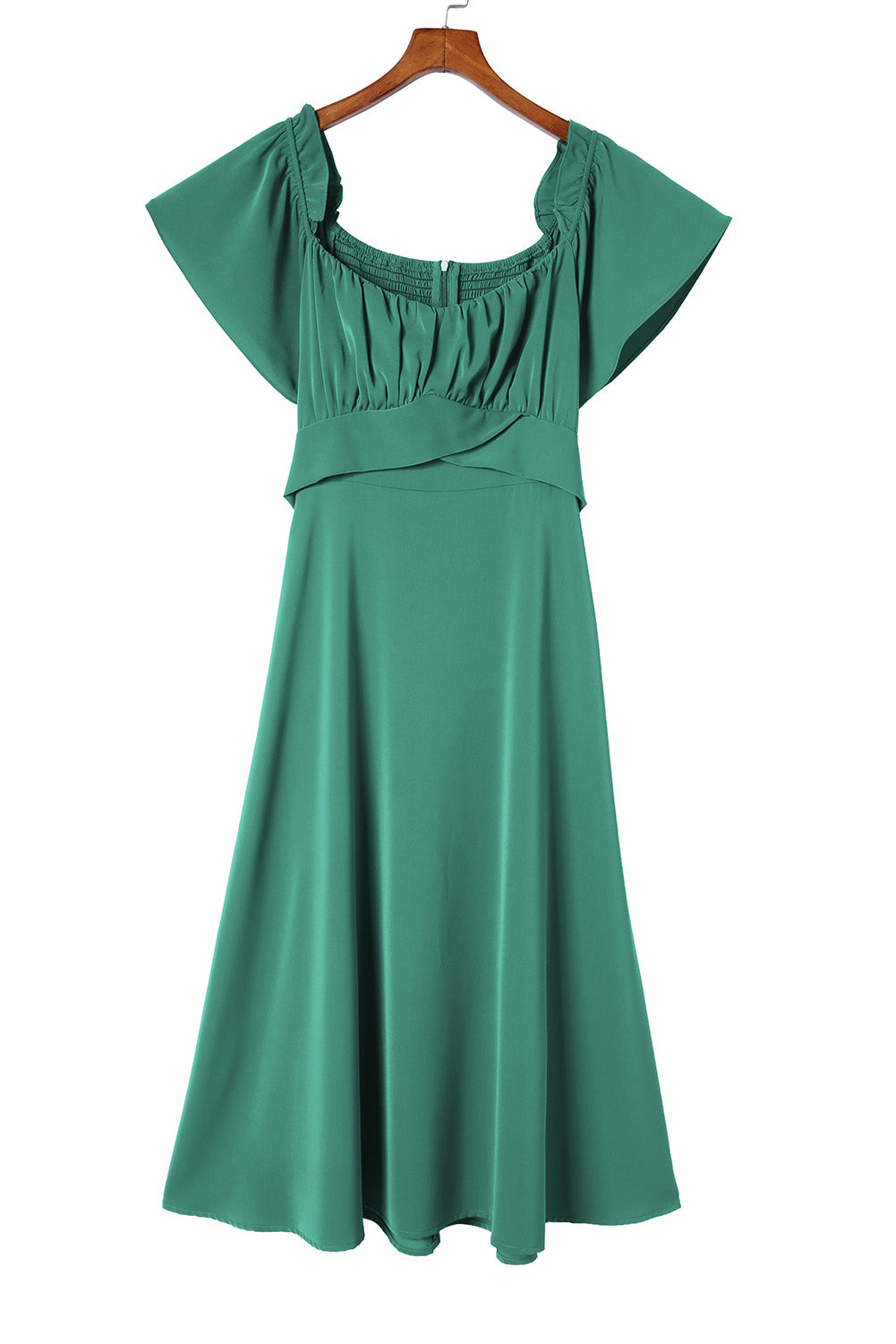 Robe midi verte smockée à épaules dénudées et nouée au dos