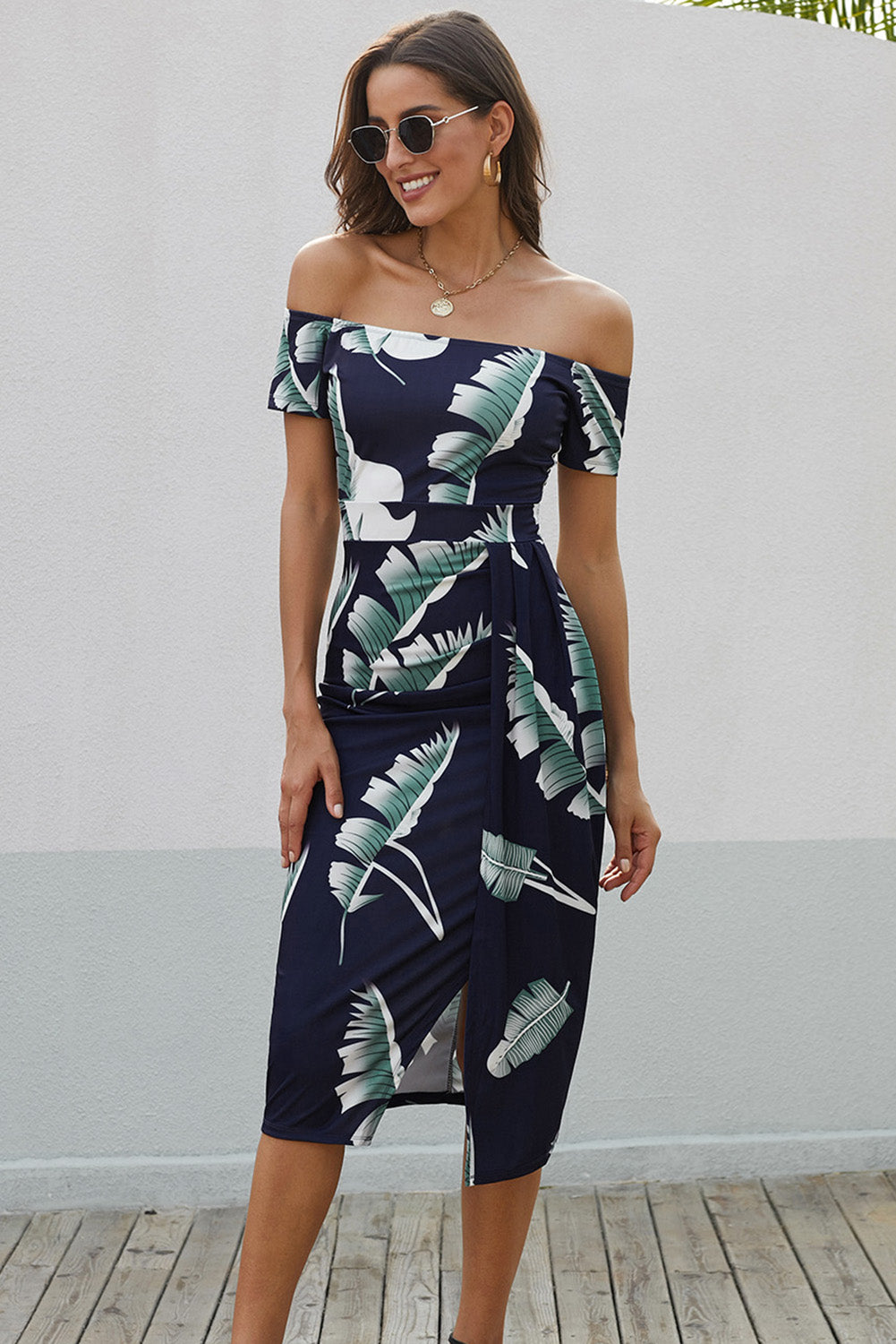 Black Pattern Print Off Shoulder Slit Bodycon Midi Dress