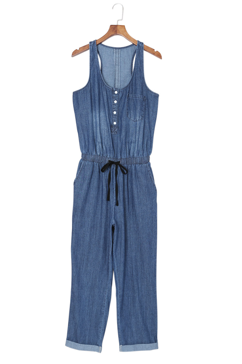 High Waist Buttons Sleeveless Denim Romper