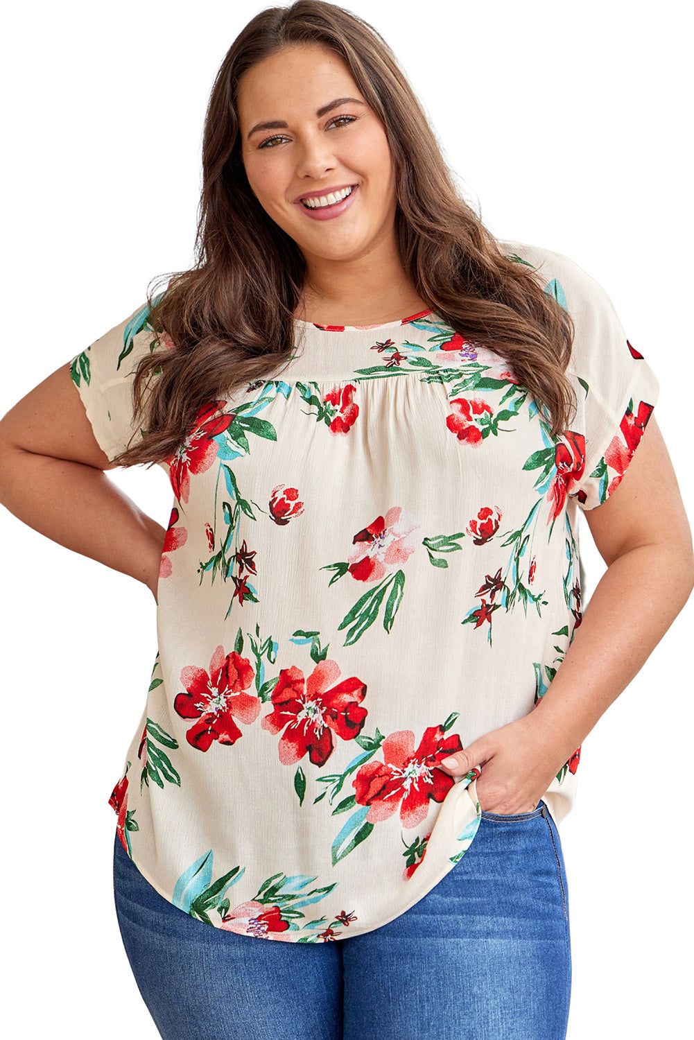 T-shirt Beige à Imprimé Floral Grande Taille