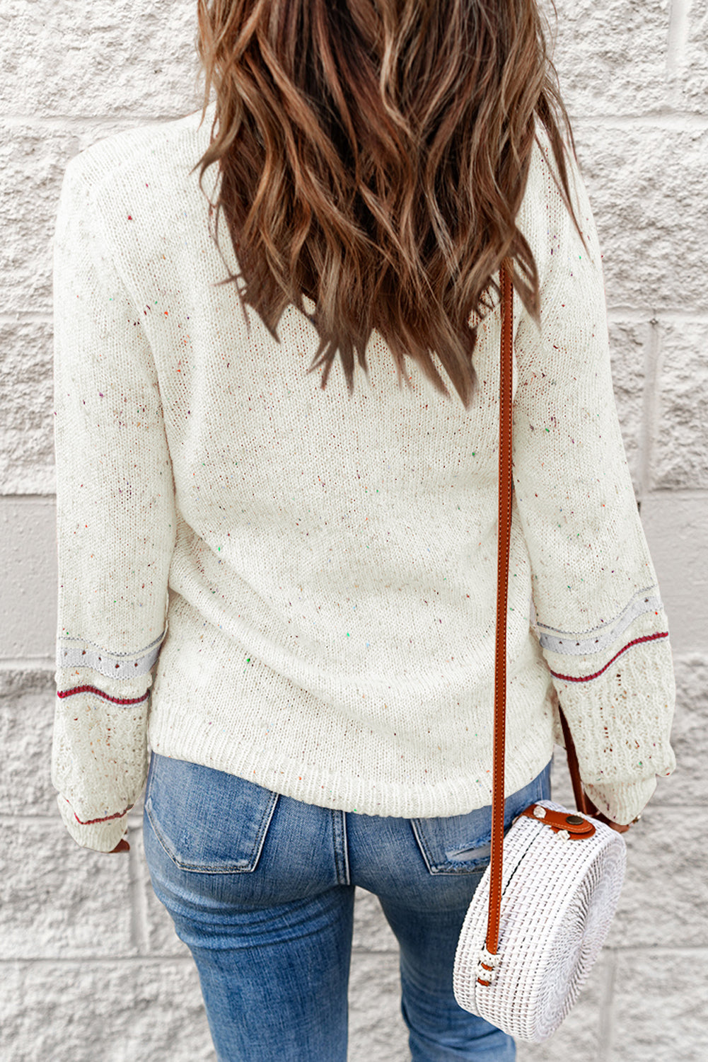 Beige Colorful Dots Cable Knit Crew Neck Sweater