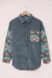 Aztec Pattern Sleeve Pocketed Corduroy Shacket