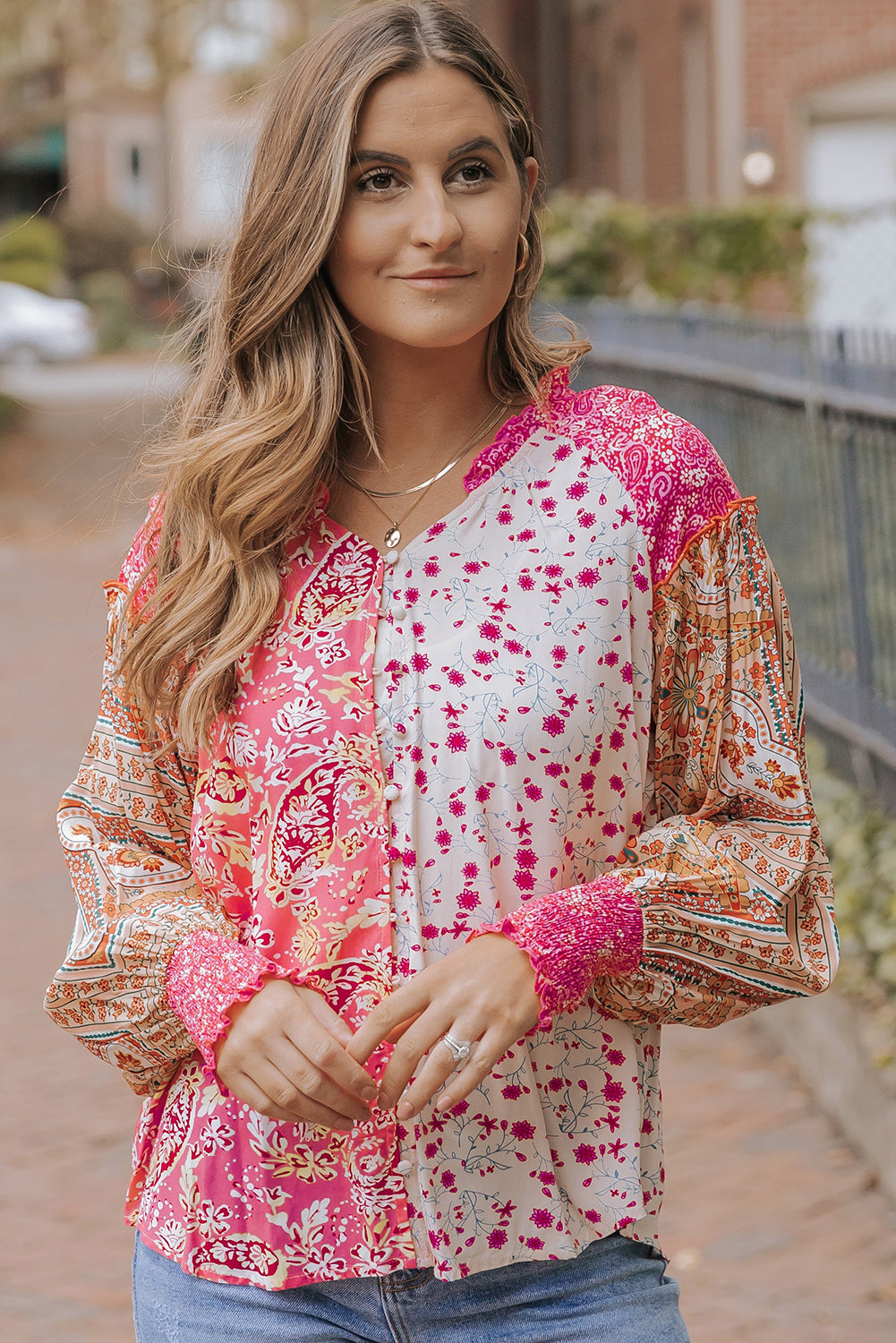 Pink Mixed Floral Printed Puff Sleeve V-Neck Shirt