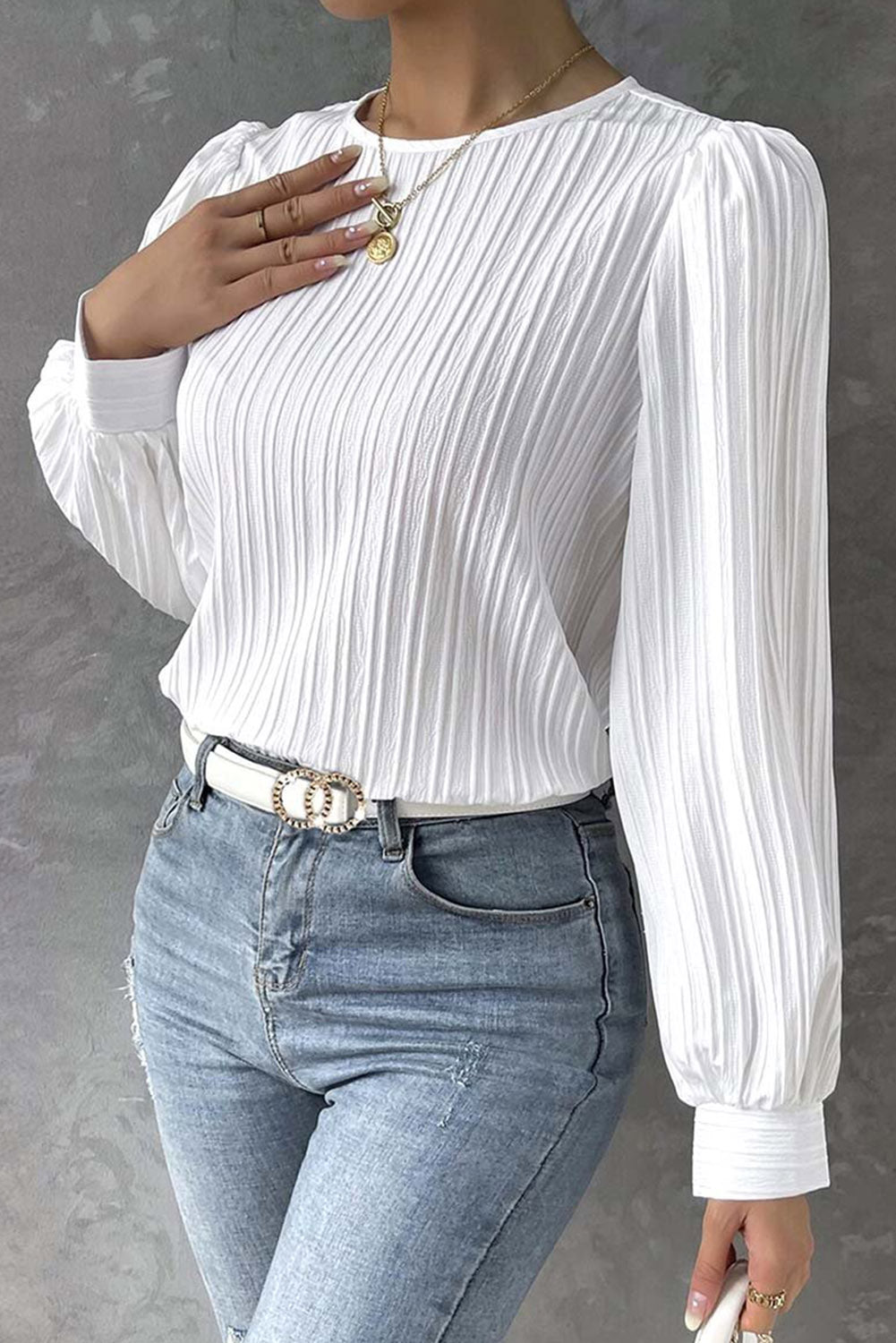 Ribbed Crewneck Puff Long Sleeve Top