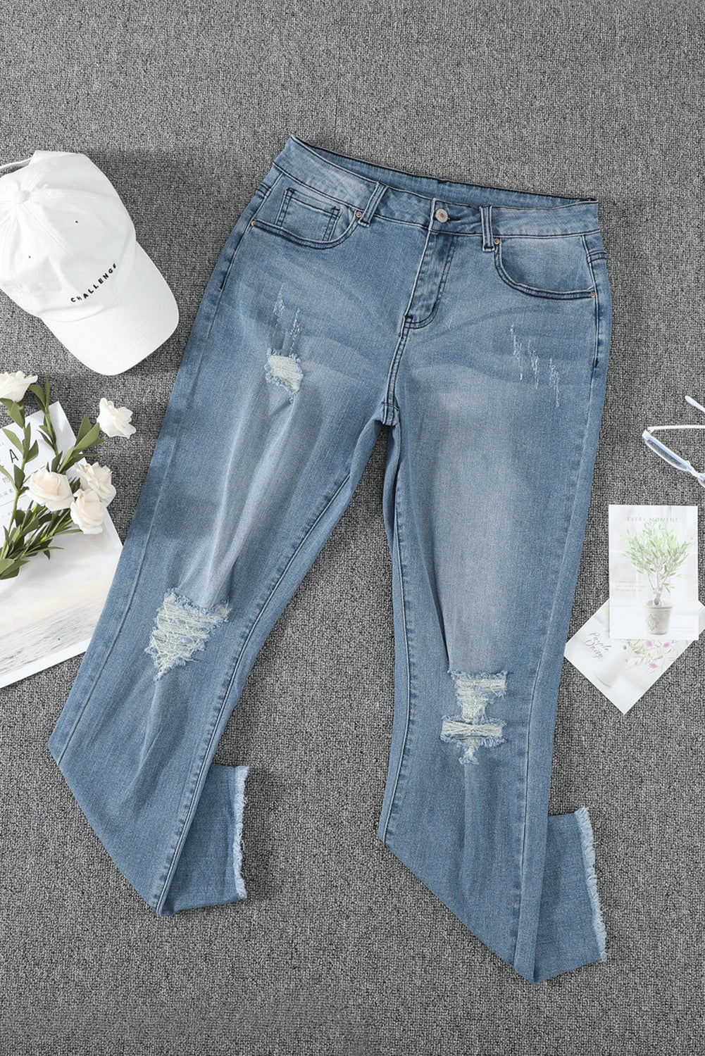 Sky Blue Ripped Slim Fit Washed Jeans