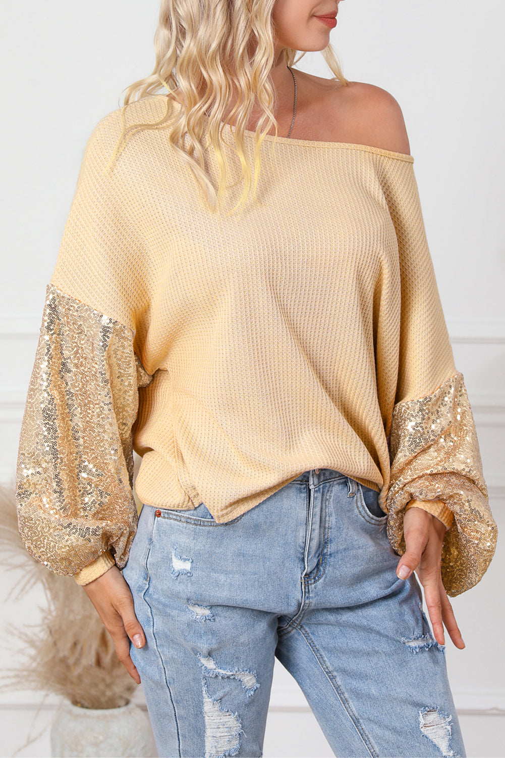 Sequin Patchwork Sleeve Open Back Waffle Knit Top