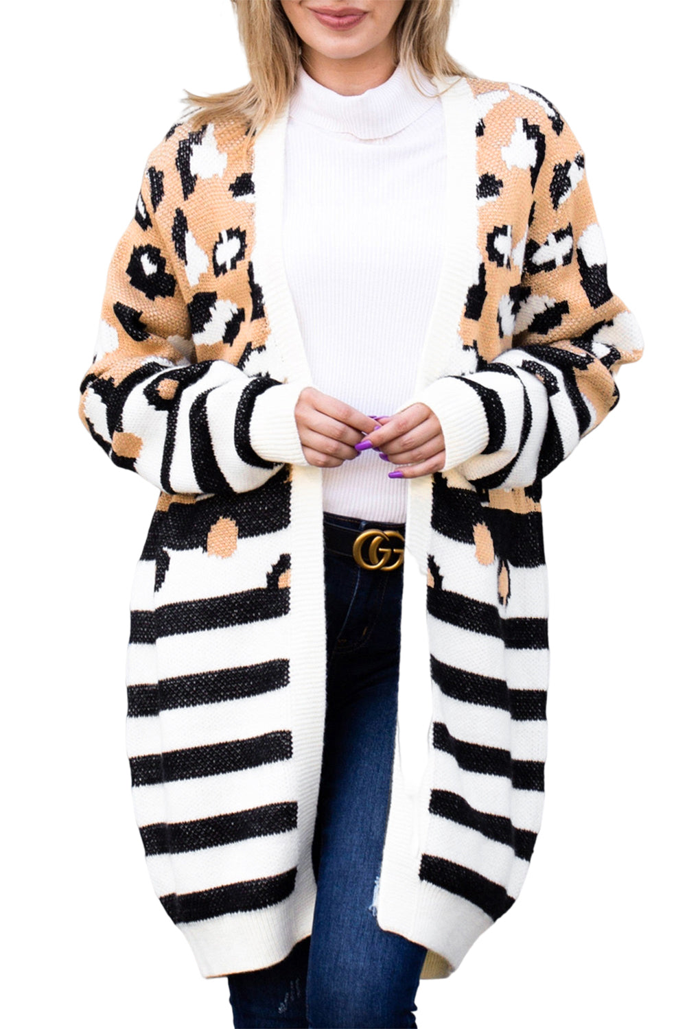 Leopard Striped Mixed Print Open Front Cardigan